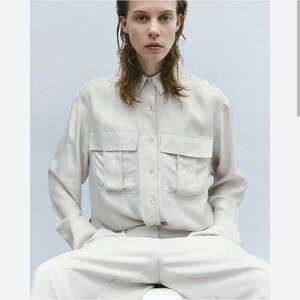 New H&M Pompette Gray Dusty Light Silk Blend Utility Shirt Size XL Oversized